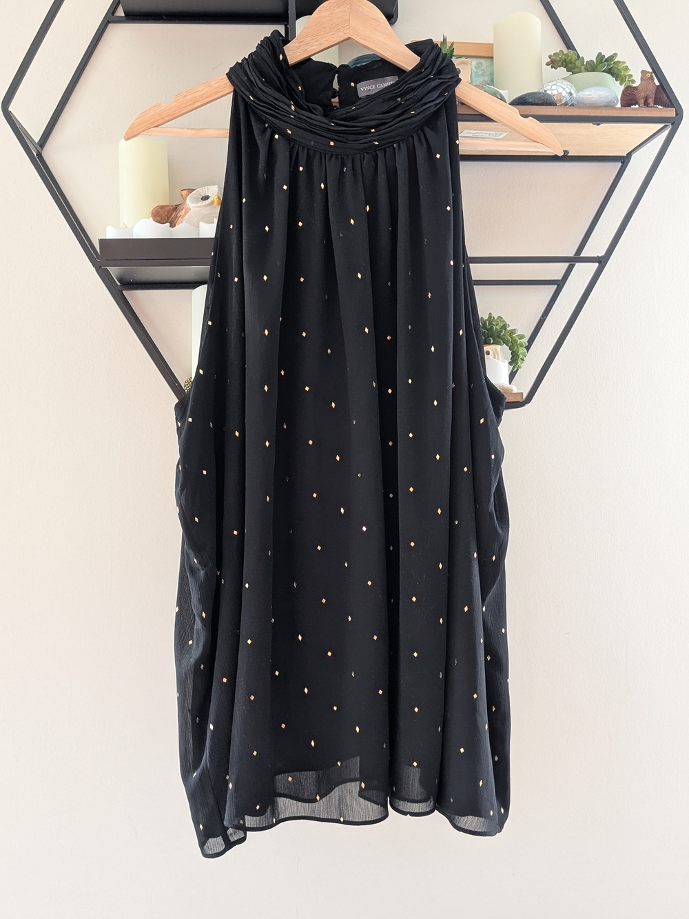 Vince Camuto Black Halter Top with Gold Dot Accents